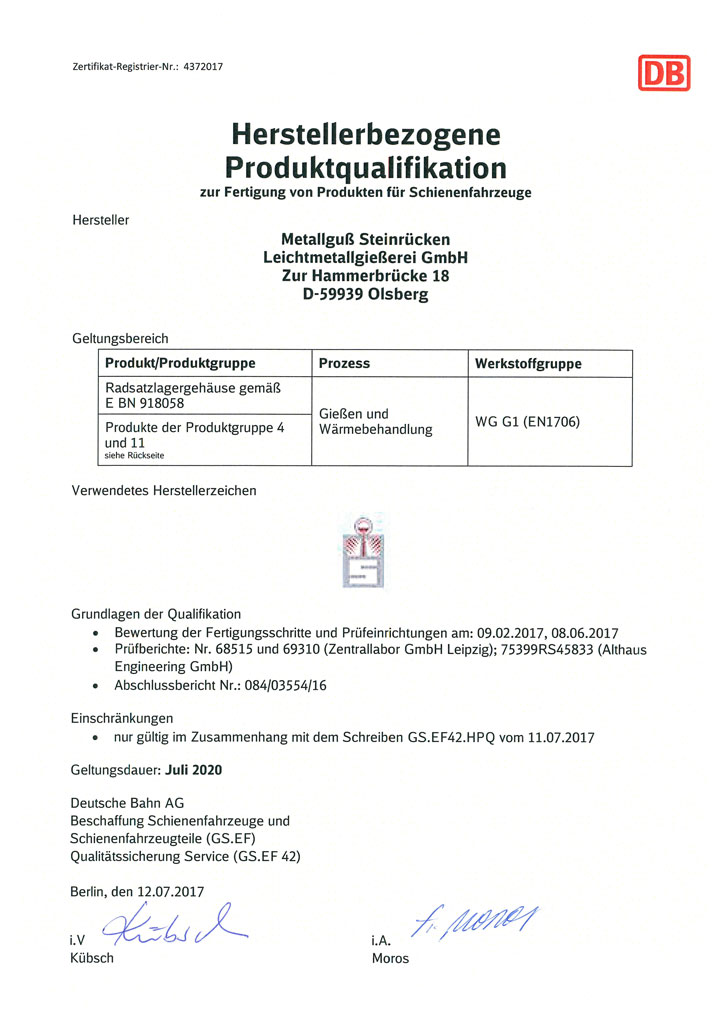 Qualitätssicherung / Zulassungen DB